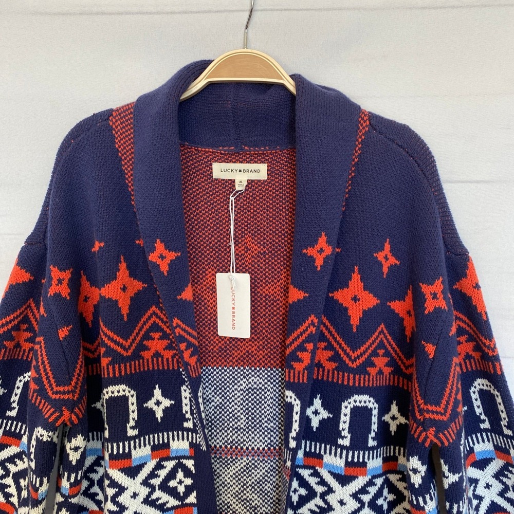Lucky Brand Southwestern Geometric Open Front Cardigan Sweater Women XL Navy NWT - Picture 3 of 9